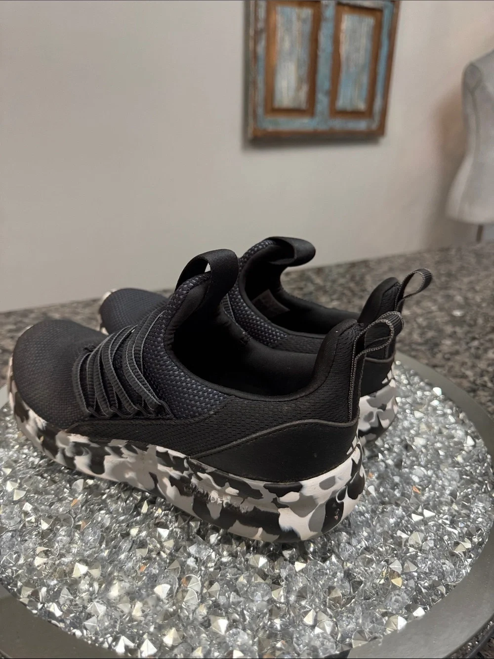 adidas Black Knit Slip-On Sneakers with Black and White Camouflage Sole